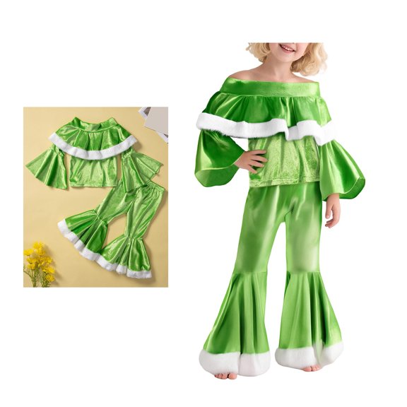 Santa Outfit KIds Girl Long Sleeve Off The Shoulder Top Flare Pants Christmas Elf Outfit Set Baby Boy Christmas Clothes Festive Dress Outfit 5-6 Years