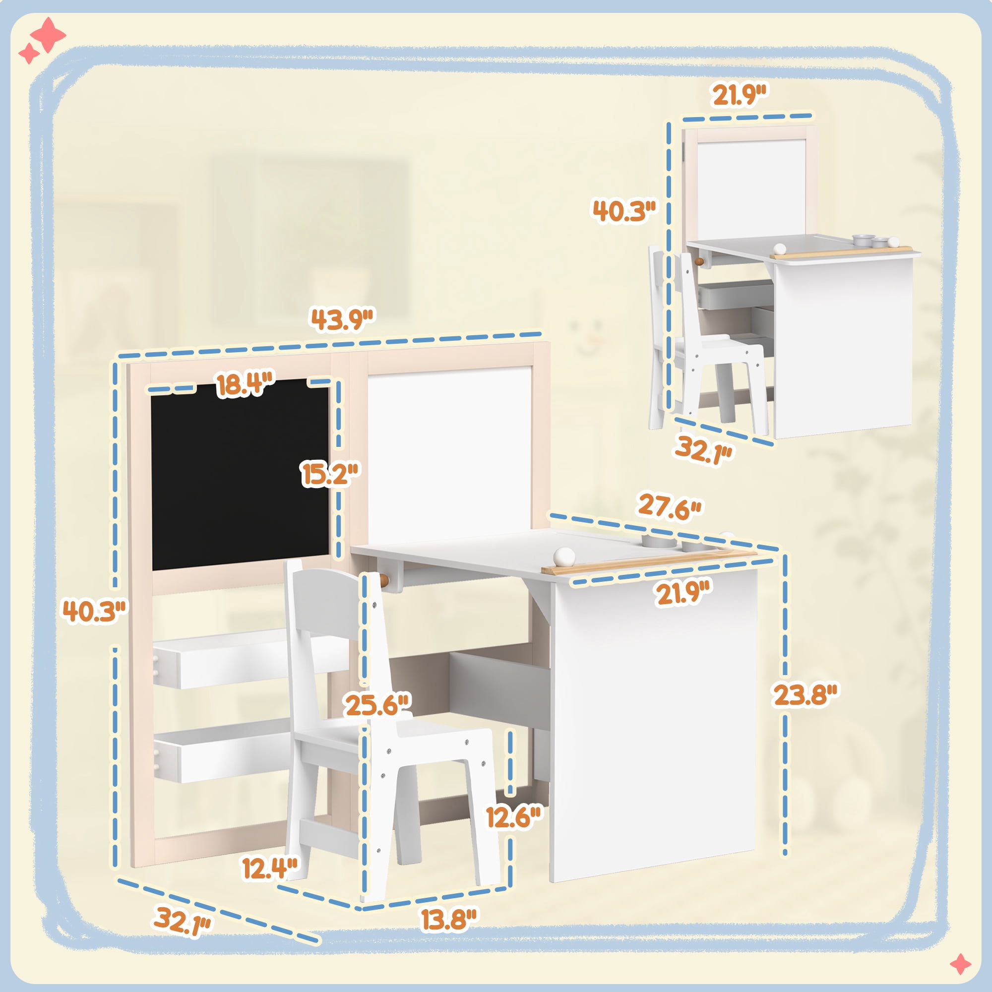 Homiyad 3 in 1 Kids Table and Chair Set with Storage, Whiteboard, Blackboard & Roll Paper for 3-8 Years, White