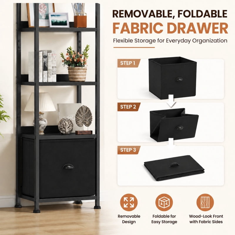 BEAUTYPEAK 5-Tier Bookshelf with Fabric Drawer 55" Tall Narrow Freestanding Display Shelf Metal Frame Bookcase, Black