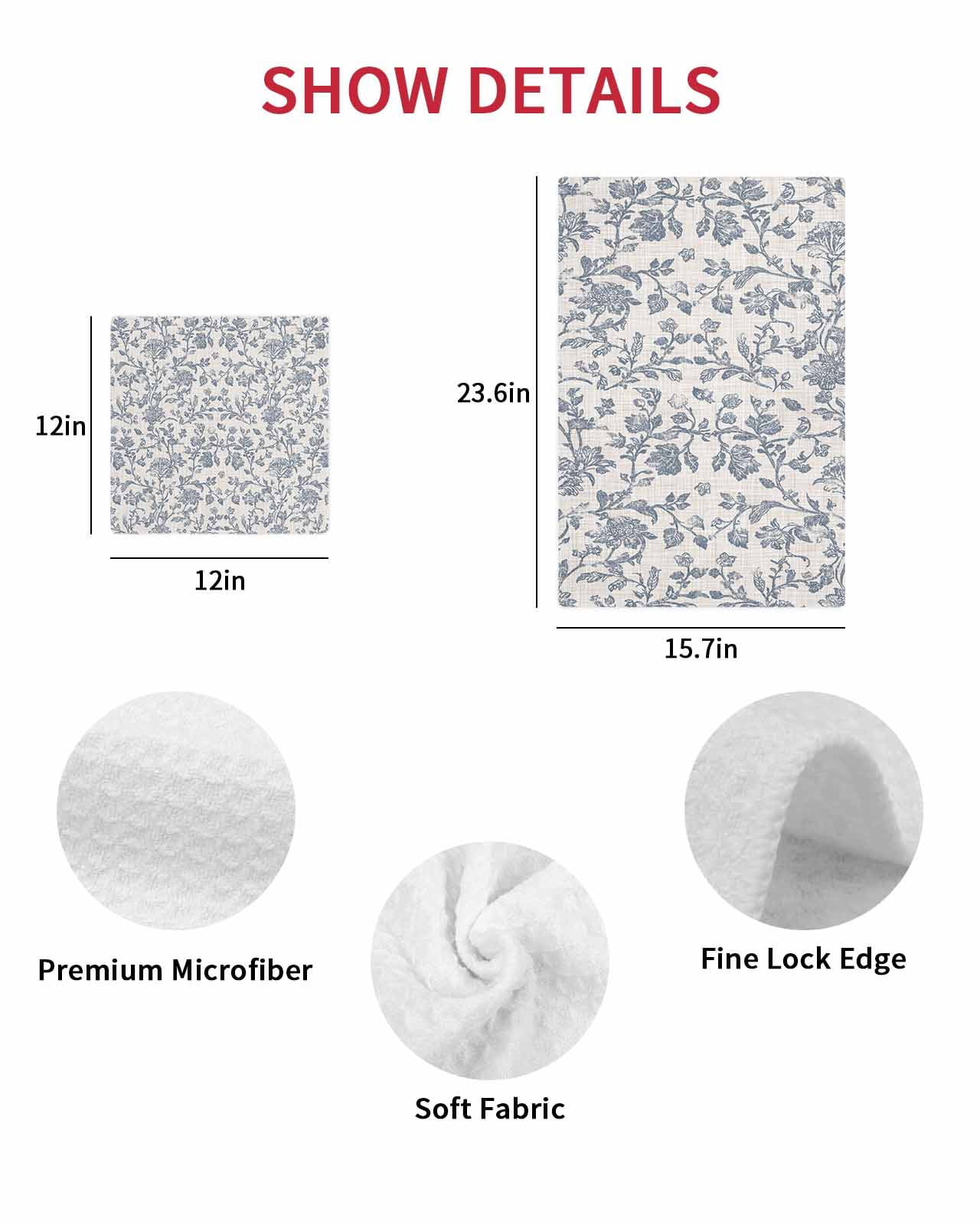 Blue Floral Dish Towels Set, Waffle Weave Kitchen Towels 2 Pieces, Farmhouse Vintage Flower Leaf Botanical Microfiber Hair Face Bath Tea Towel Absorbent Quick Drying Cleaning Dish Cloths 12"x12"