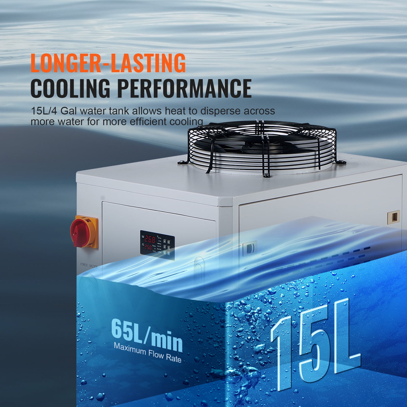 KFFKFF Industrial Water Chiller Cooling System CW6000 – 1500W, 15L Tank, 65 L/min Flow Rate