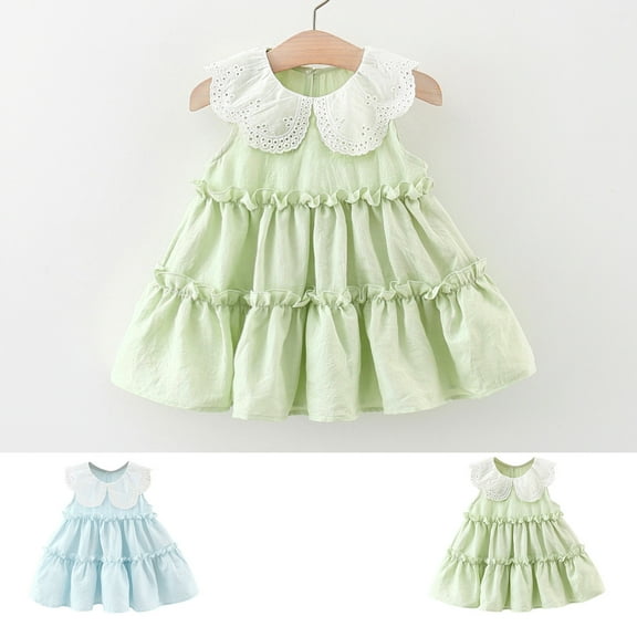 Bovxnpu Summer Girls Dresses, Toddler Girls Cotton Dress Tank Play Dress Sundress, Girls Cute Sleeveless Sweet Solid Color Lace Ruffle Dress Tiered Skirt 12 Months