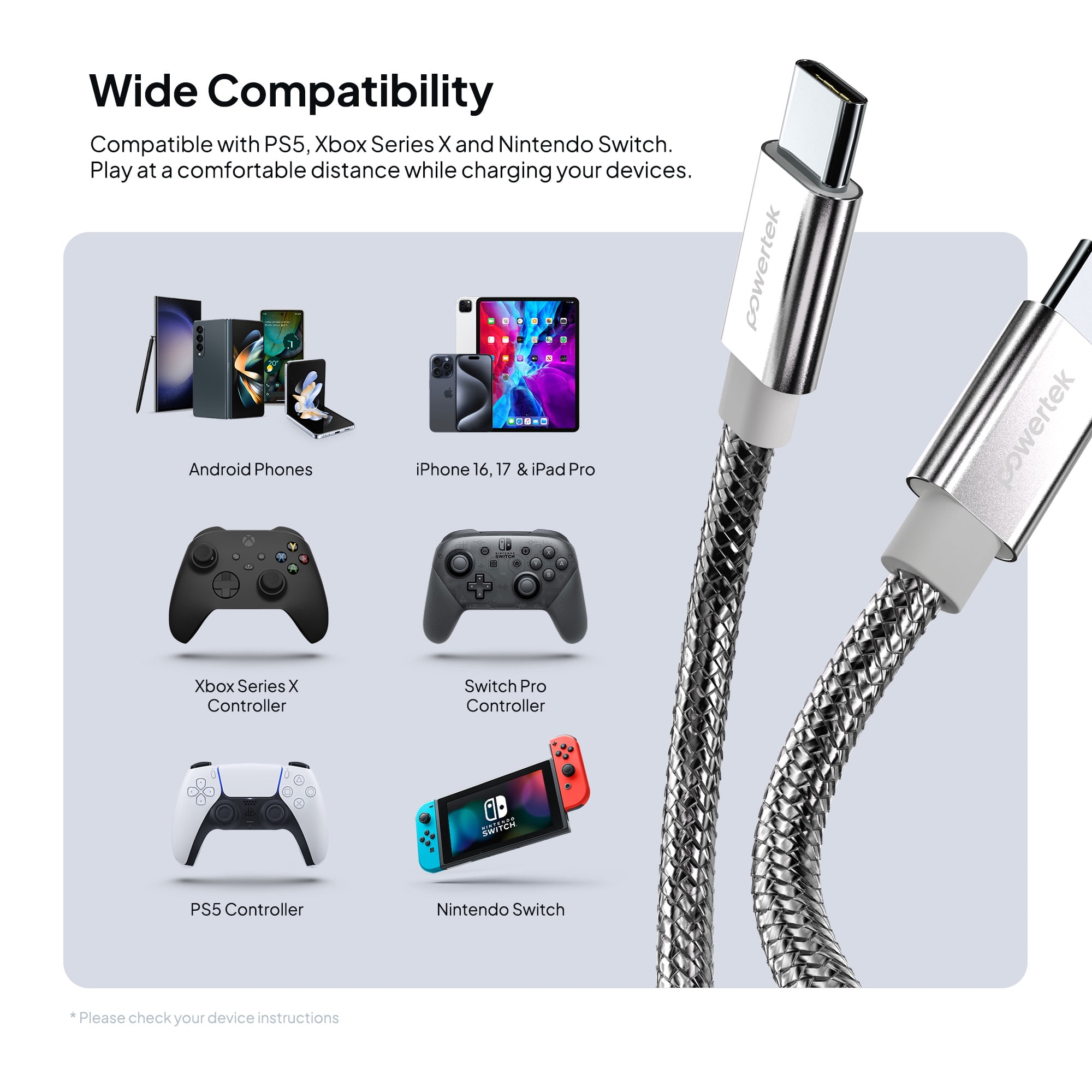 Powertek Luxe 6ft USB-C to USB-C Cable, Silver, Fast Charge & Sync, Metallic Mesh PVC Jacket, Durable Tangle-Free Design