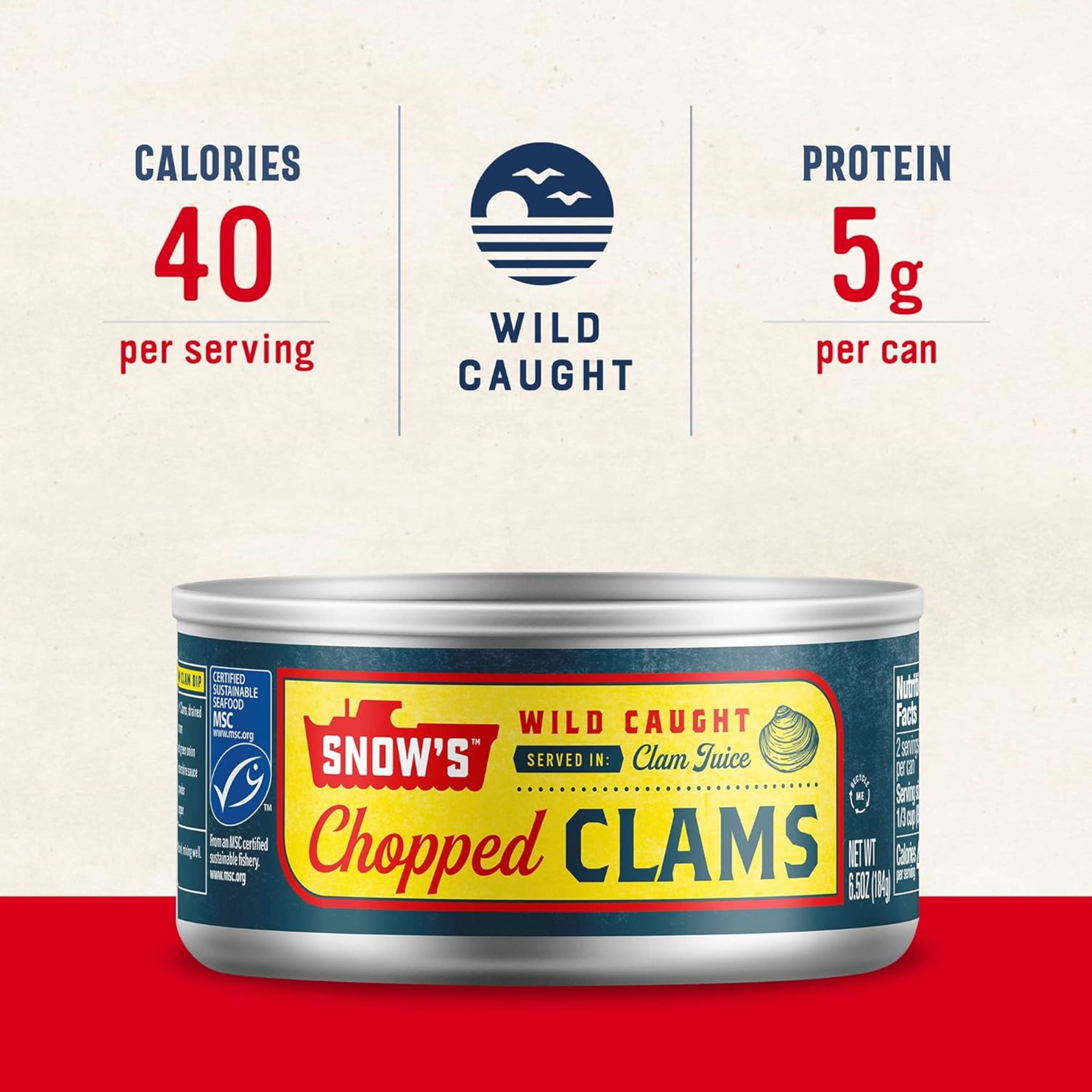 (6 pack) Snow's Wild Caught Chopped Clams in Clam Juice, 5g Protein per Serving, Shelf Stable Can, 6.5 oz