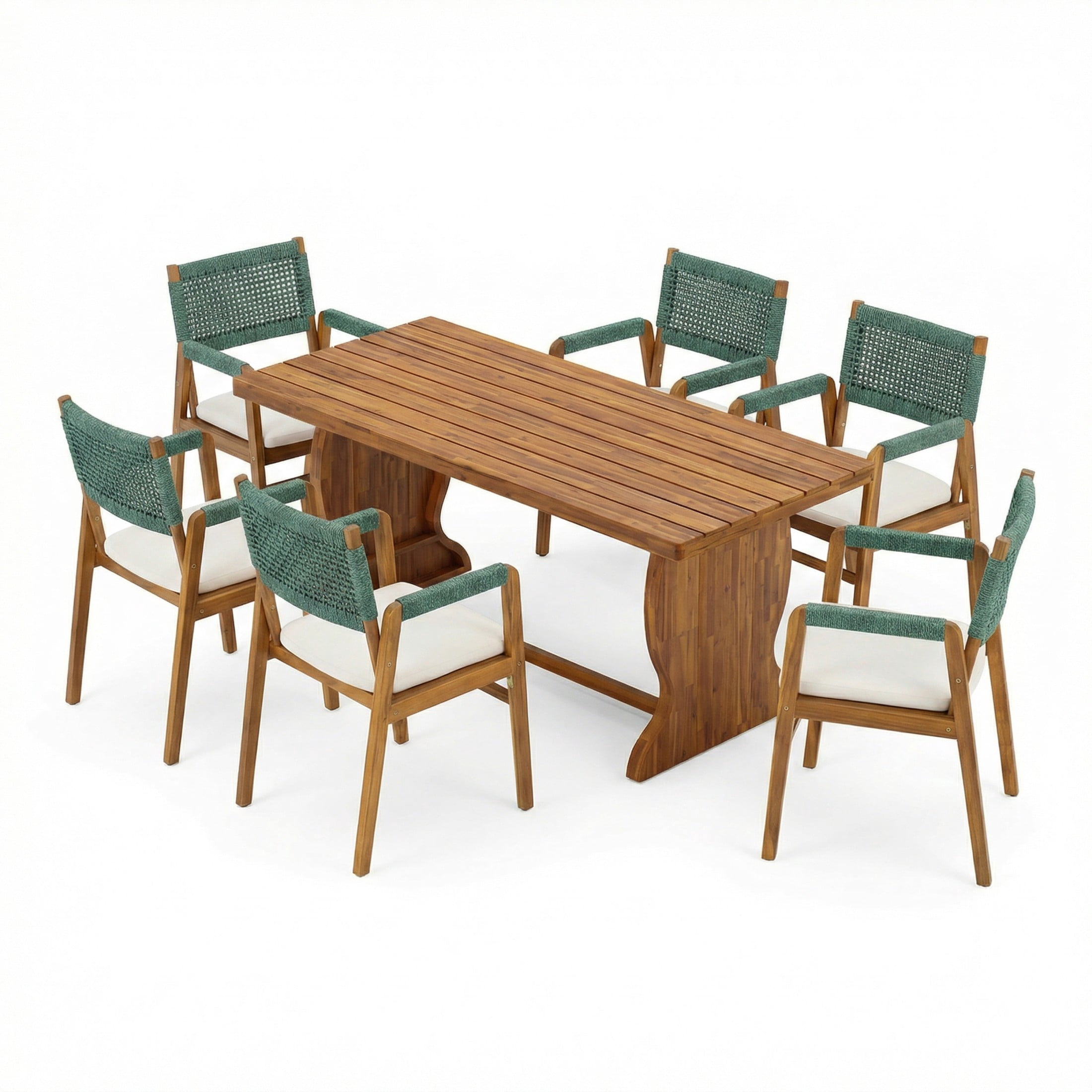 Christopher Knight Home 7-Piece Outdoor Dining Set, 70" Table and Green Rope Armchairs with Cushions