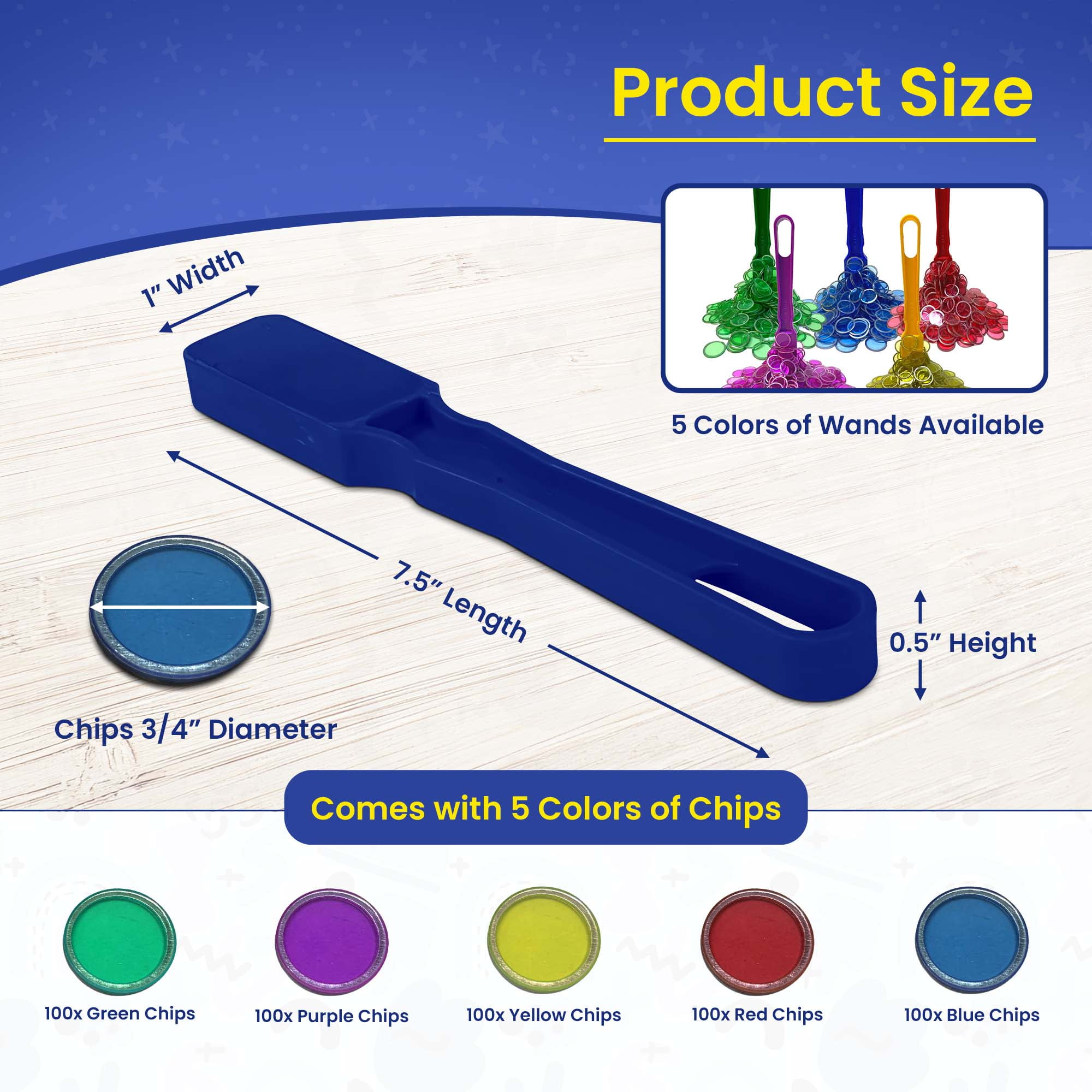 MR CHIPS 5 Magnetic Wands, 5 Bags of 100 Magnetic Bingo Chips, 5 Colors, Ages 6+