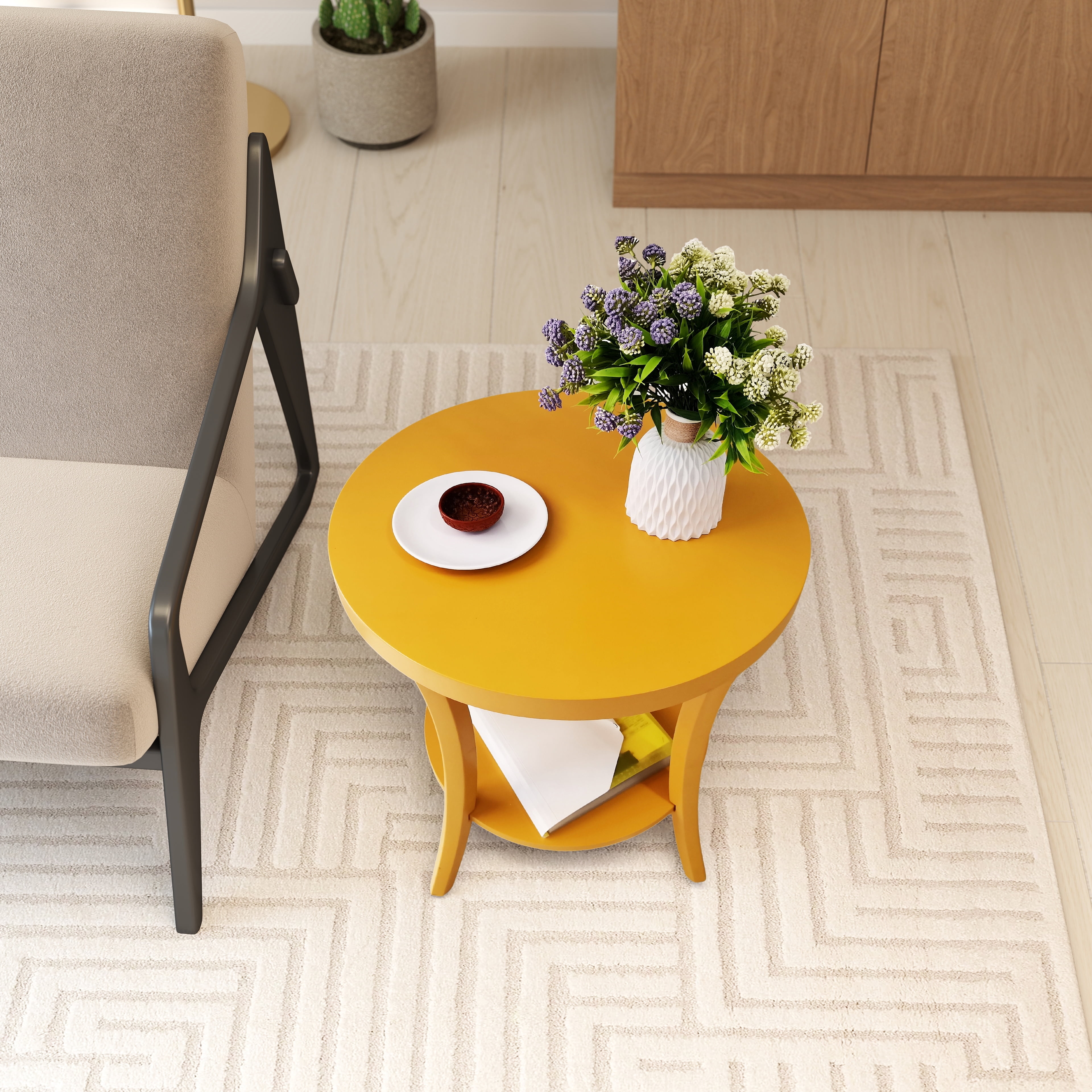 Perth Contemporary Oval End Table with Lower Storage Shelf, Curved Leg Birch Veneer Side Table for Living Room Bedroom