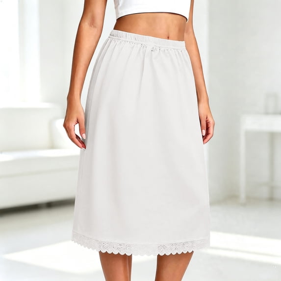 Women's Seamless Hem Slip Skirt Basic Modest Below the Knee Length Stretch Knit Straight Skirt for summer and office dresses(02_White,55)