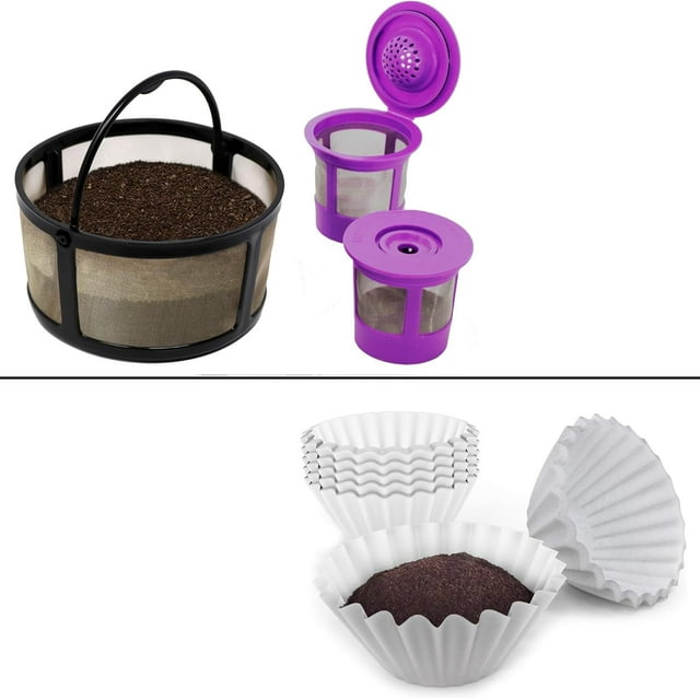 Reusable Mesh Ground Coffee Filter Carafe for Keurig K-Duo Brewers with 2 Refillable K Cups Pods and 100 Disposable Coffee Paper Filters for Gold Tone Basket by