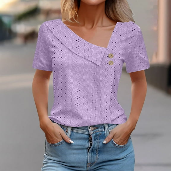 Njoeus Cute Summer Tops for Women Summer Shirts for Women Women's 2025 Summer Henleys Shirts Fashion Button V-Neck Tunic Tops Casual Short Sleeve Blouse T-Shirts Up To 60% Off Summer Savings