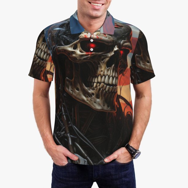Balery Cyberpunk Skull American Flag Camisa Polo de Hombre con Estampado, de Manga Corta y Tejido Medio, Camisa Tipo Golf Polo-XX-Large
