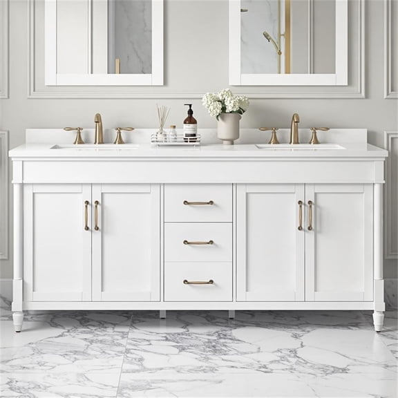 Pemberly Row 72" Double Bathroom Vanity in Pure White with White Countertop