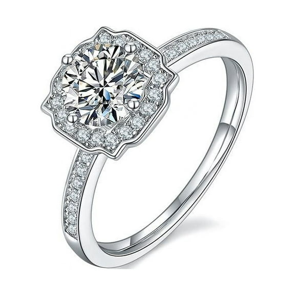1 Carat Round Cut Diamond Halo Moissanite Engagement Ring In 18k White Gold Plating Over Silver