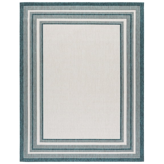 SAFAVIEH Courtyard Ercan Bordered Indoor/Outdoor Area Rug, Ivory/Teal, 9' x 12'