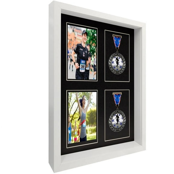 MEDALAWARDSRACK SHADOW BOX DISPLAY (4 MEDALS) - MARATHON, TRIATHLON, 5K, 10K, 4 X 4X6" OPENINGS FOR PHOTOS OR RACE MEDALS