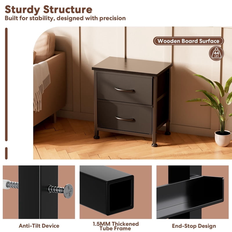 Simple Deluxe Nightstand 2 Drawers Dresser for Bedroom, 3-Tier Bedside Table with Fabric Bins, End Table for Living Room, wood top Load-bearing up to 44 lb, Black