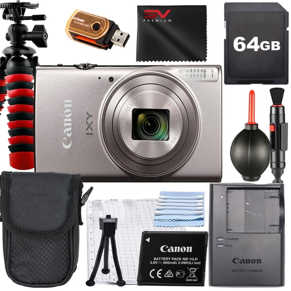 Canon PowerShot IXY650 HS Digital Camera (Silver) with SanDisk 64GB Memory Card   Case   Tripod   SV Premium Accessory Bundle (International Version)