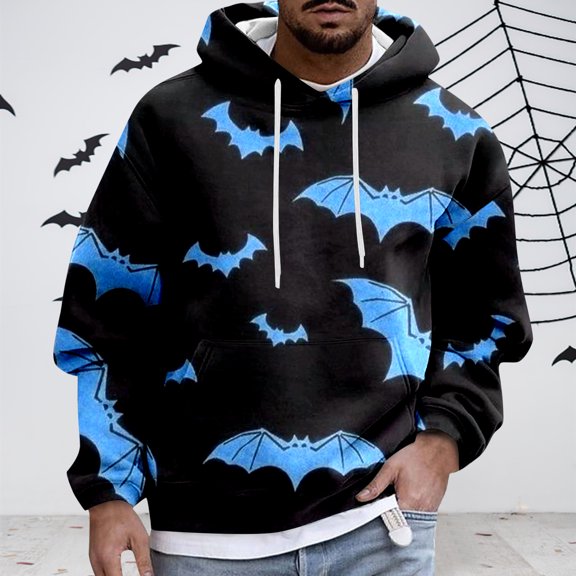 CONZONE Halloween Mens Hoodies Long Sleeve Hallowmas Pullover Hoodie for Men Funny Bat Graphic Hooded Sweatshirts With Pocket
