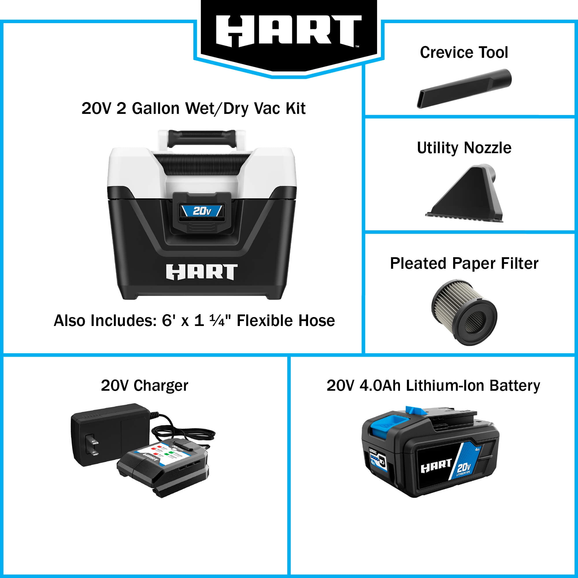 HART 20-Volt Cordless 2-Gallon Wet/Dry Vacuum Kit (1) 20-Volt 4.0