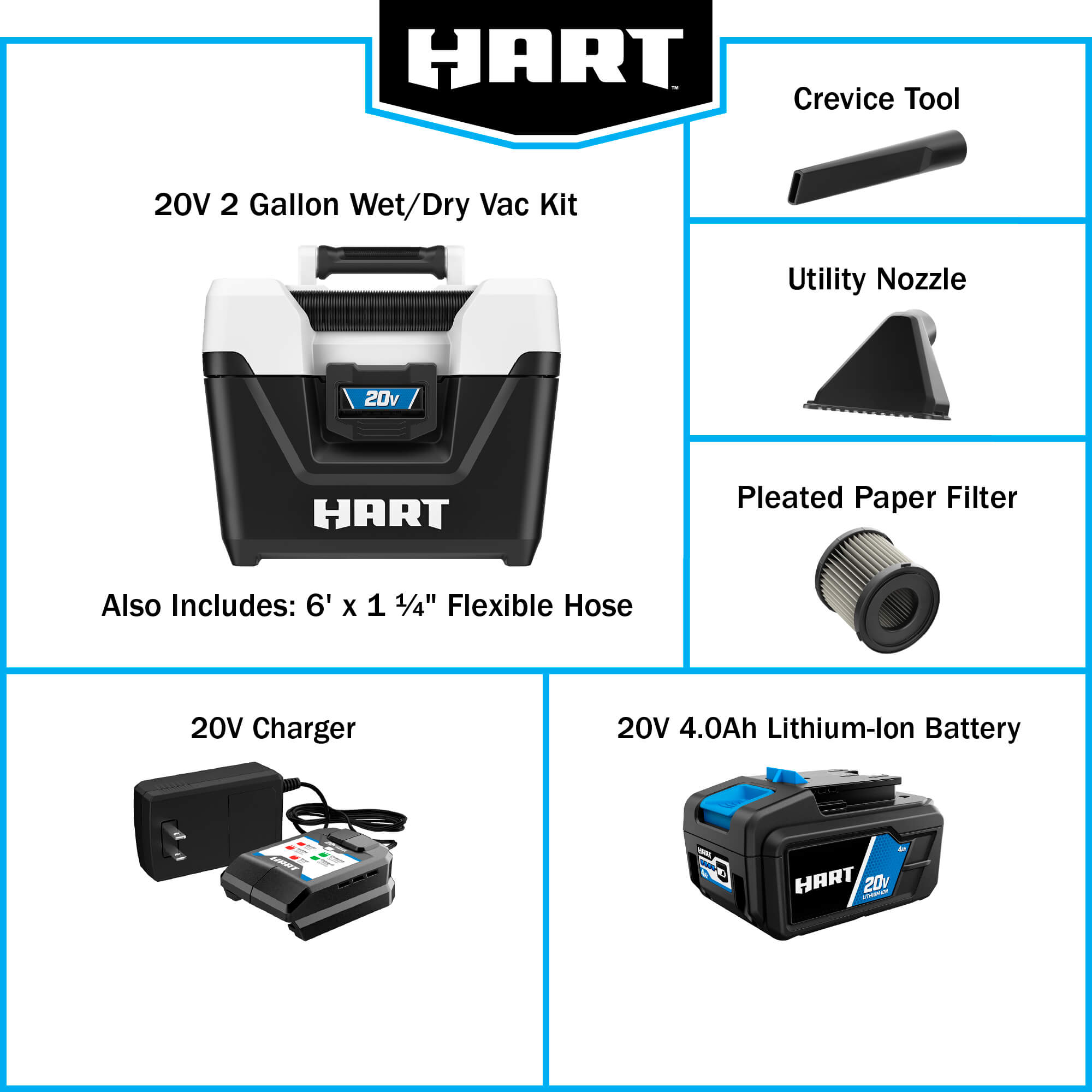 HART 20-Volt Cordless 2-Gallon Wet/Dry Vacuum Kit (1) 20-Volt 4.0Ah Lithium- Ion Battery - image 4 of 12