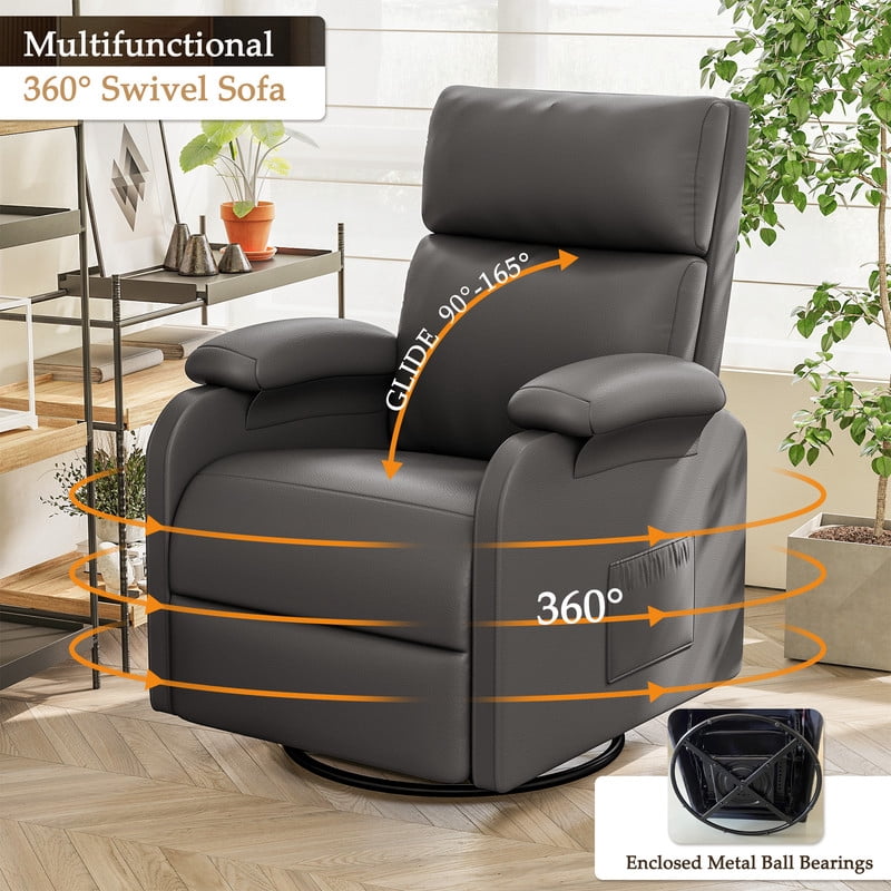 Homall 360° Massage Swivel Rocker Recliner Small Rocking PU Leather Chairs with Side Pockets for Small Spaces,Gray