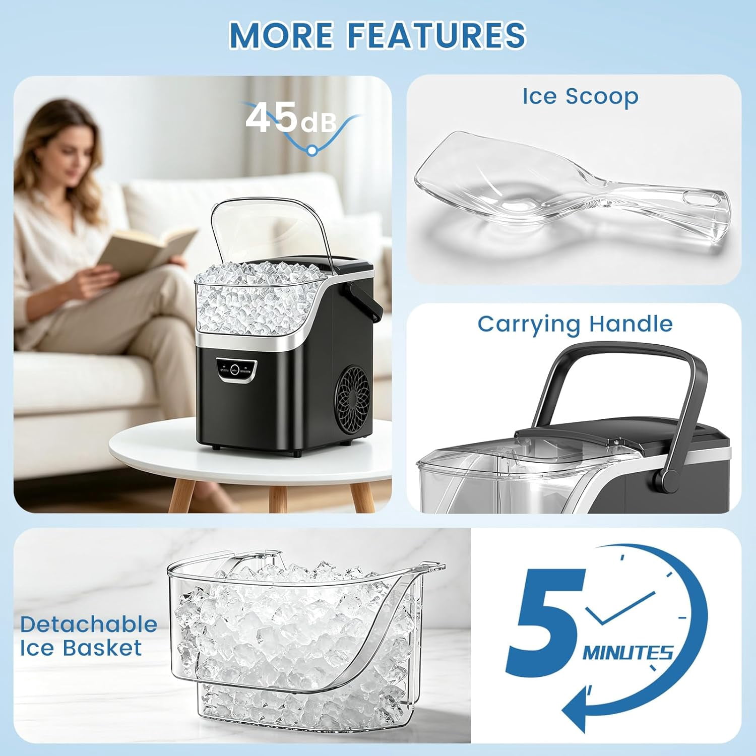 Auseo Nugget Ice Maker Countertop , 35lbs/24H, Crushed Ice Ready in 5 Mins ,Self-Cleaning, Ice Basket & Ice Shovel & Handle, for Home/Office/Party, Black