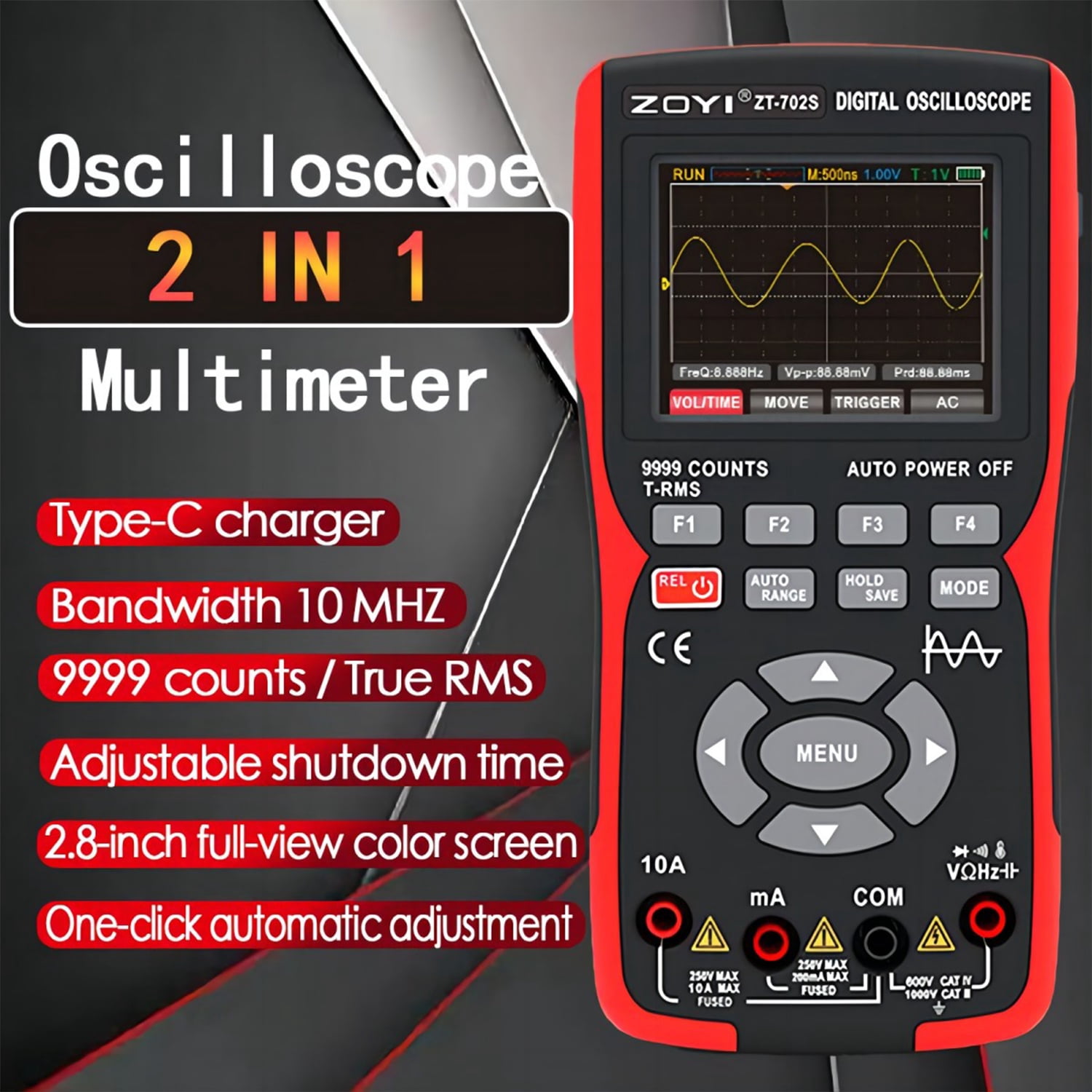 702S 2 n 1 oscilloscope multimeter, 10MHz Bandwidth, 48MSa/s Sampling, 2.8" IPS Display, USB Type-C Rechargeable, 9999 Counts T-RMS for Voltage and Waveform Testing