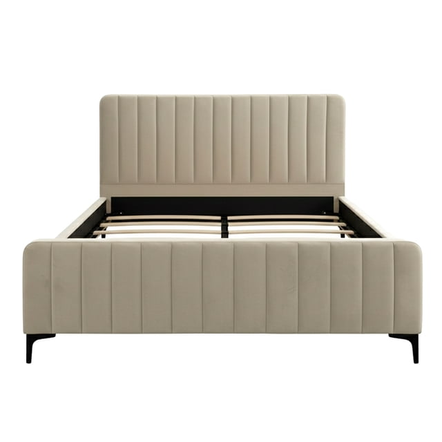 Ilios Innova | Base de Cama Matrimonial con Cabecera Acanalada Tapizada en Poliéster Beige, Estructura de Madera Robusta con Somier de Tablillas y Diseño Moderno Minimalista para Dormitorio Principal
