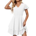 thumbnail image 2 of Robes d'Été Décontractées pour Femmes Manches Courtes à Volants Col en V Taille Haute Robe Évasée Unie Superposée Robe Patineuse, 2 of 7