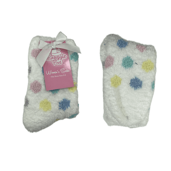 Polka Dots White Light Blue Yellow Pink Teal Purple Warm Fuzzy Snuggle Socks, Shoe Size 5-9, Sock Size 9-11