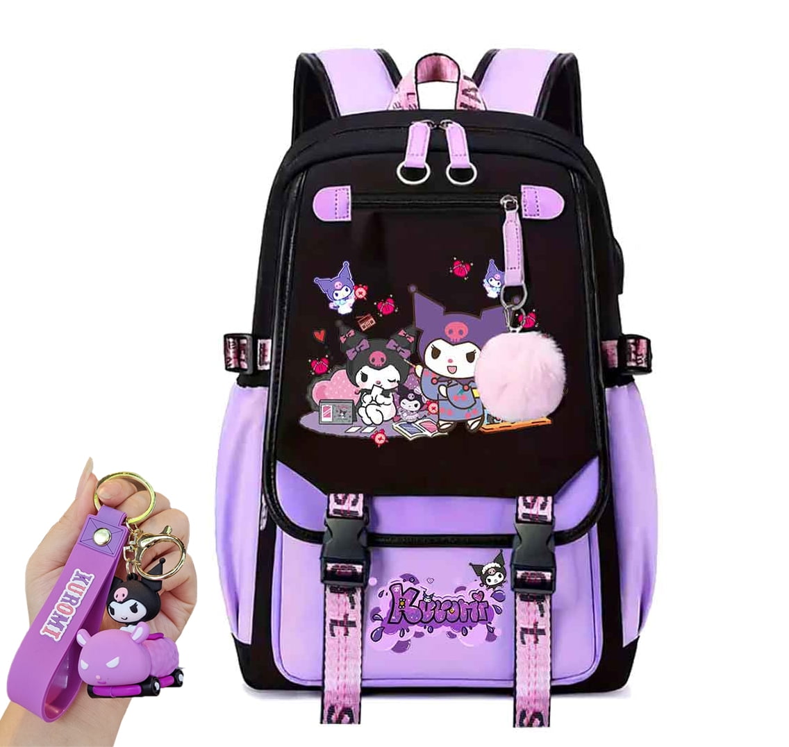 Sanrio Kuromi Backpack with Exquisite Pendant, Middle School Laptop Backpack Student Cute Schoolbag Casual Backpack Travel Backpack, Black Purple