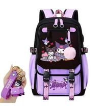 Sanrio Kuromi Backpack with Exquisite Pendant, Middle School Laptop Backpack Student Cute Schoolbag Casual Backpack Travel Backpack, Black Purple