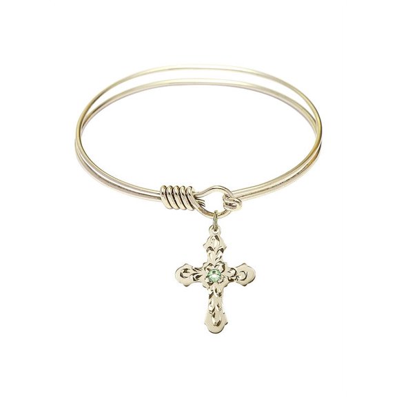 6 1/4 inch Round Eye Hook Bangle Bracelet w/ Cross medal charm w/ August Green Swarovski Crystal