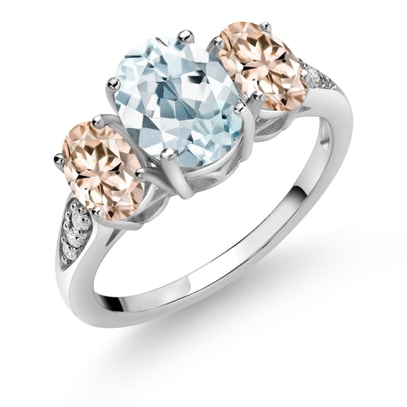 Gem Stone King 10K White Gold Sky Blue Aquamarine Morganite Peach and White Lab Grown Diamond 3 Stone Engagement Ring for Women (2.24 Cttw, Gemstone Birthstone, Size 9)