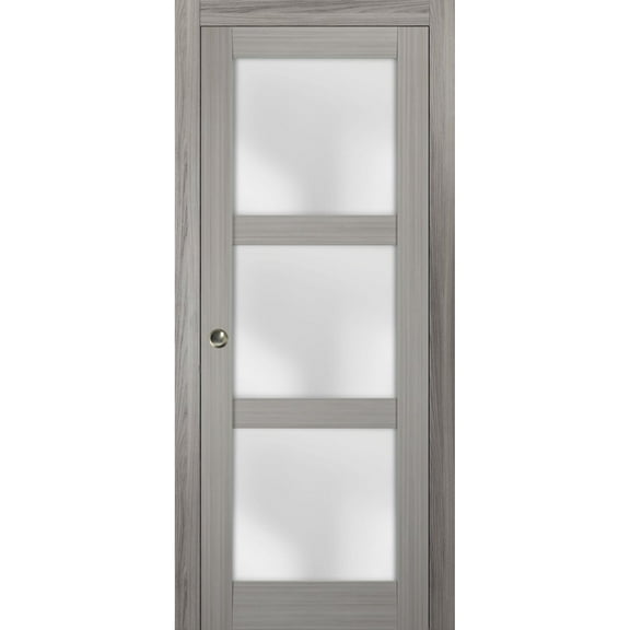 Sliding French Pocket Door 32 x 80 inches with Frosted Glass | Lucia 2552 Grey Ash | Kit Trims Rail Hardware | Solid Wood Interior Bedroom Sturdy Doors
