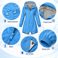 thumbnail image 3 of Women's Long Hooded Raincoat - Lightweight Zip Waterproof Rain Jackets - Outdoor Travel Hiking Jackets with Pockets, 3 of 8