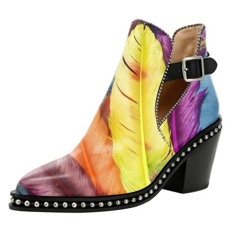 

YDN Women Studded Mid Chunky Heeled Ankle Booties Pumps Closed Almond Toe Short Combat Boots Buckle Strap Cutout Shoes Size 9 Colorful Feather