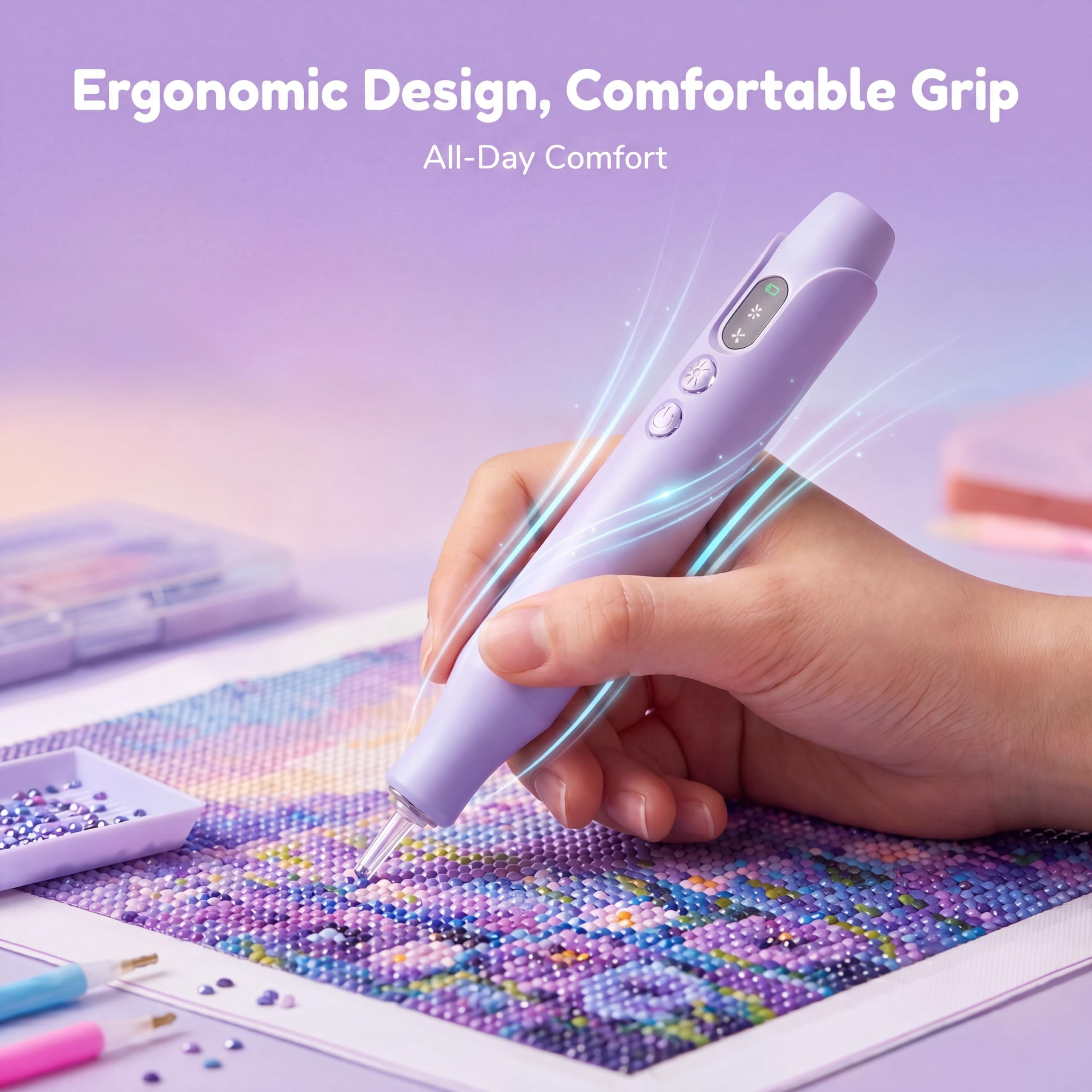 Electric Diamond Art Painting Pen, Cordless Quiet Vacuum Picker, No Wax Needed, 3 Speeds with LED Light, Ergonomic Dot Drill Tool, Diamond Art Accessory for DIY Diamond Painting,Purple