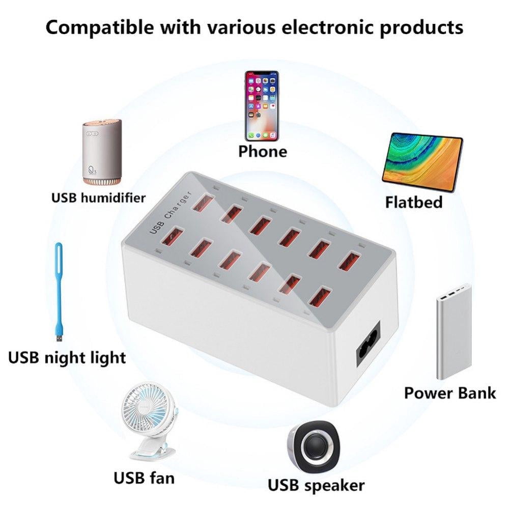 USB Charger 12 Port Charging Station for Multiple Devices with Smart Plug Charging Dock Compatible with iPhone Xs/XR, iPad, iPod, Laptops and Smartphones