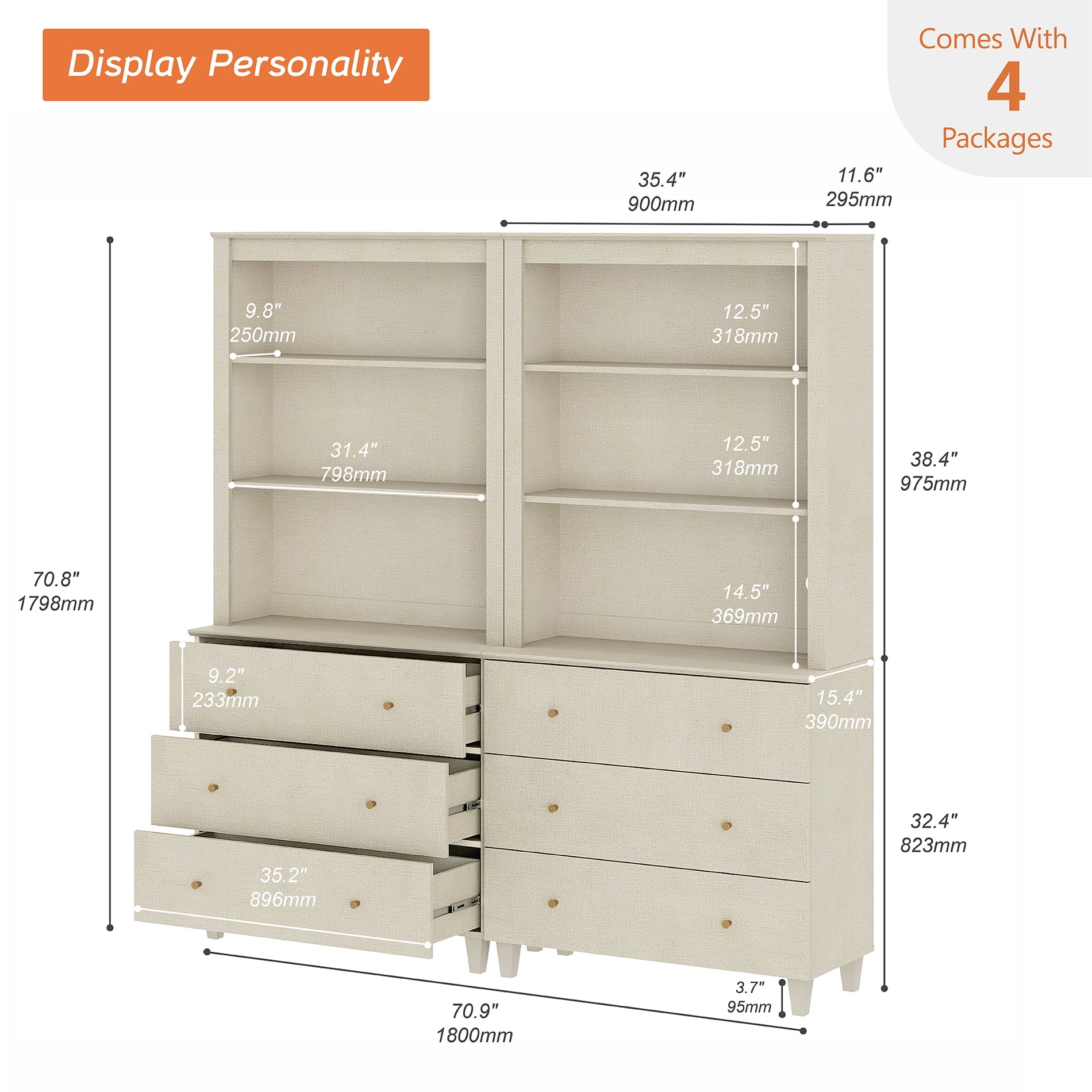 Modern 71" Tall Bookcase with 6 Drawers, 2 Columns 3-Tier for Home Office,Beige Linen Printed