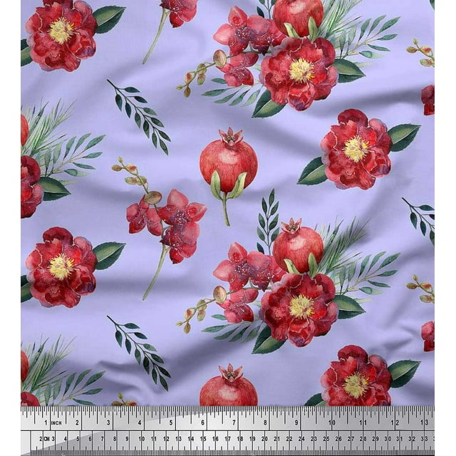 Soimoi Blue Rayon Fabric Leaves,Pomegranate & Floral Decor Fabric Printed BTY 56 Inch Wide