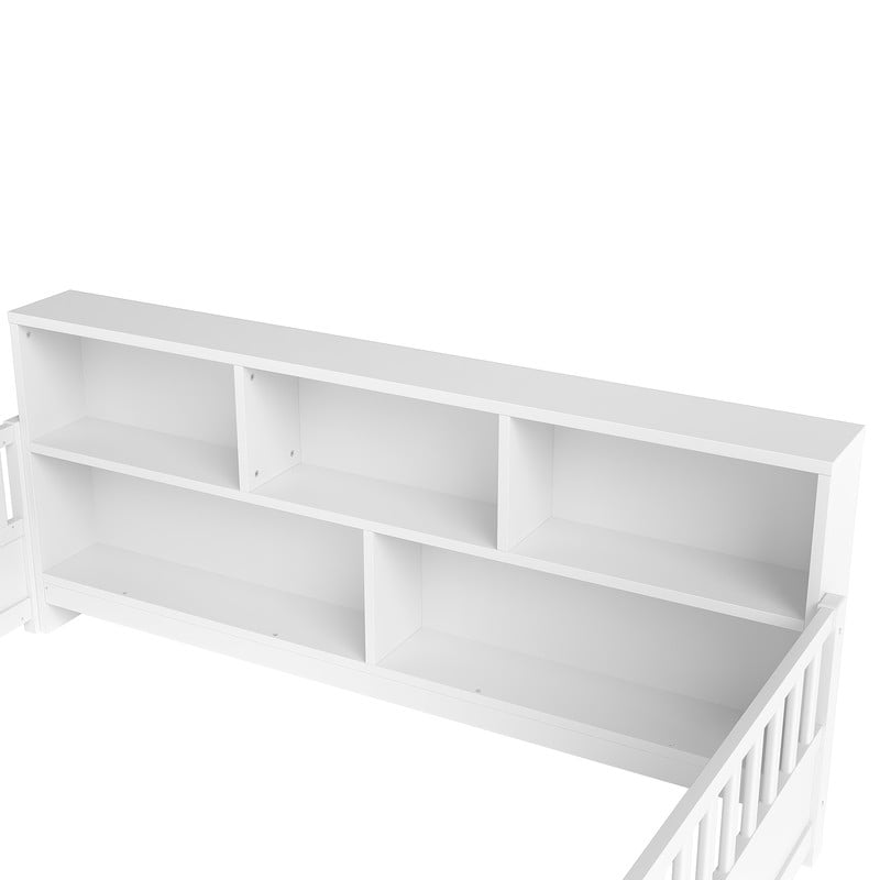 Bellemave Full Montessori Bed with Storage Shelves, Wood Floor Bed with High Rail and Bookcase, Easy Assemble Full Size Beds Frame(White)
