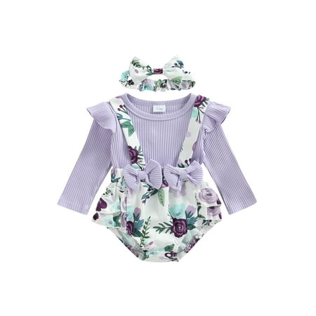 

Calsunbaby Infant Girls Romper and Headdress Purple Flower Print Long Fly Sleeve Round Neck Jumpsuit