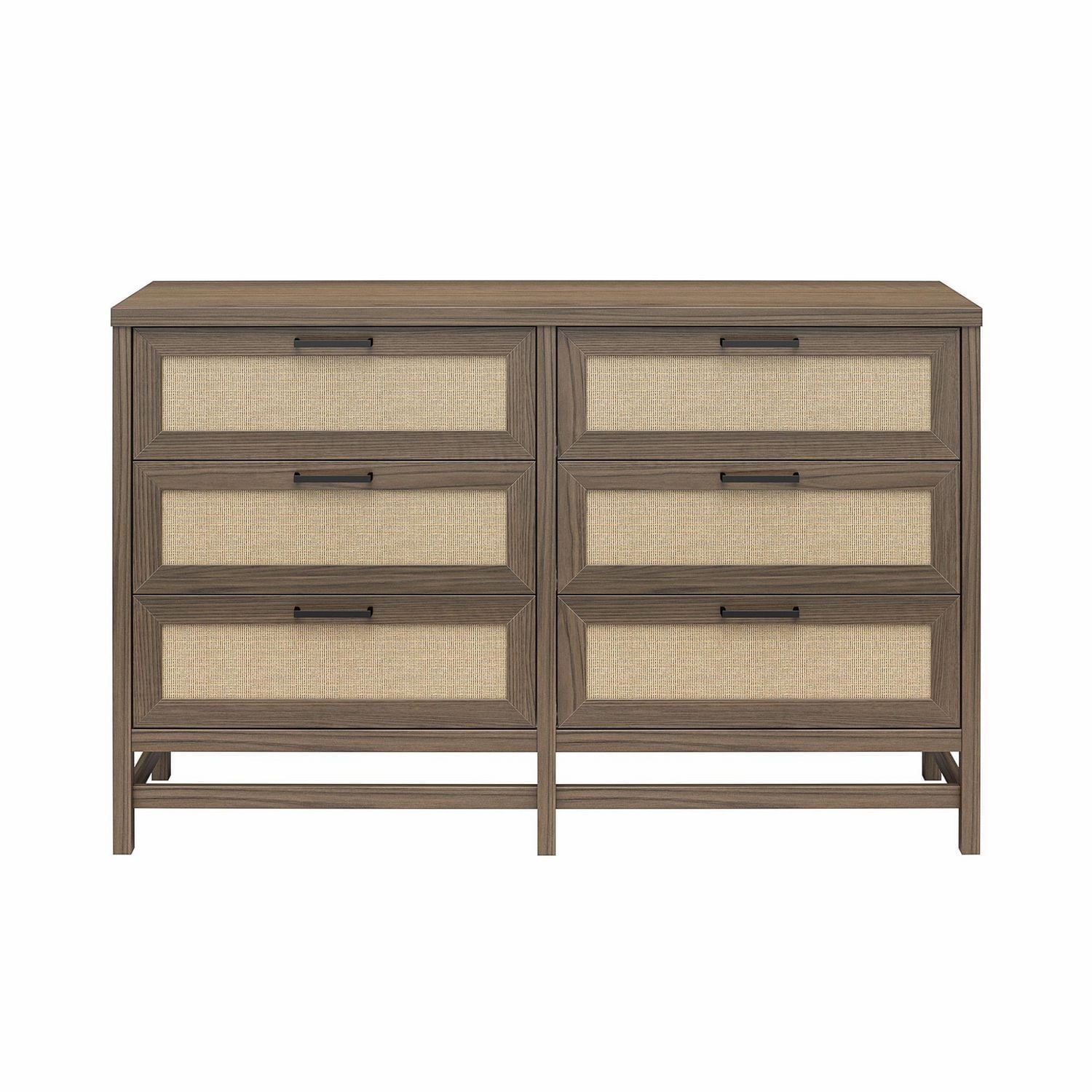 Lennon 6 Drawer Dresser, Medium Brown and Faux Rattan