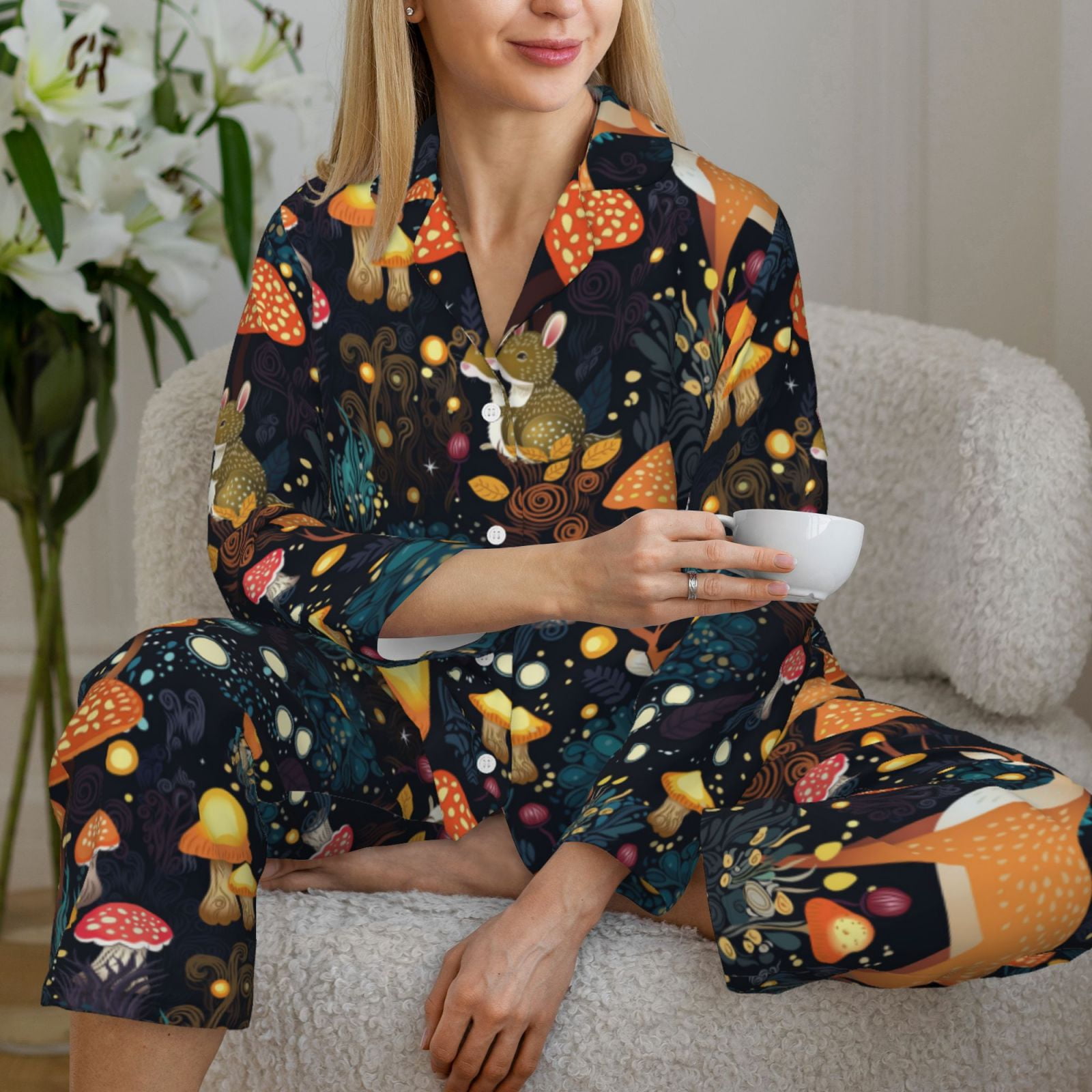 Pajamas for Women Set - Forest elf Comfy Long Sleeve Button Up Pajama Sets for Women 2 Piece, Soft Sleepwear Nightwear Pjs Lounge Sets for Women with Pockets