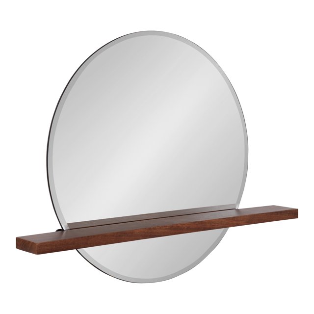 Kate and Laurel Fossett Miroir Mural Rond Sans Cadre, Diamètre de 24 Pouces, Brun Noyer, Miroir Décoratif Fonctionnel avec Tablette pour Rangement et Exposition