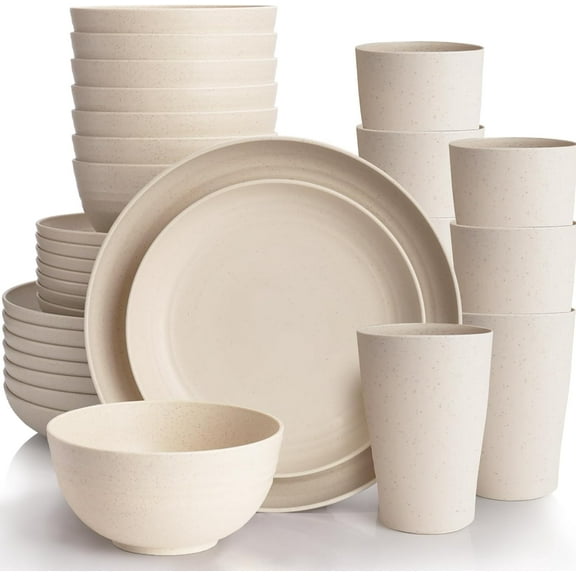 Cream Plastic Plates and Bowls Sets Dishwasher and Microwave Safe Wheat Straw Dinnerware Sets for 8,Reusable Plastic Dishes Set Lightweight Unbreakable for Kitchen Camping Outdoor RV 32 Pcs