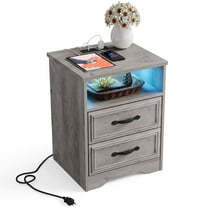 Relefree Nightstand with Charging Stantion & LED Lights for Bedroom, 2 Drawer Dresser Bedside Table End Table Side Table for Living Room, Gray