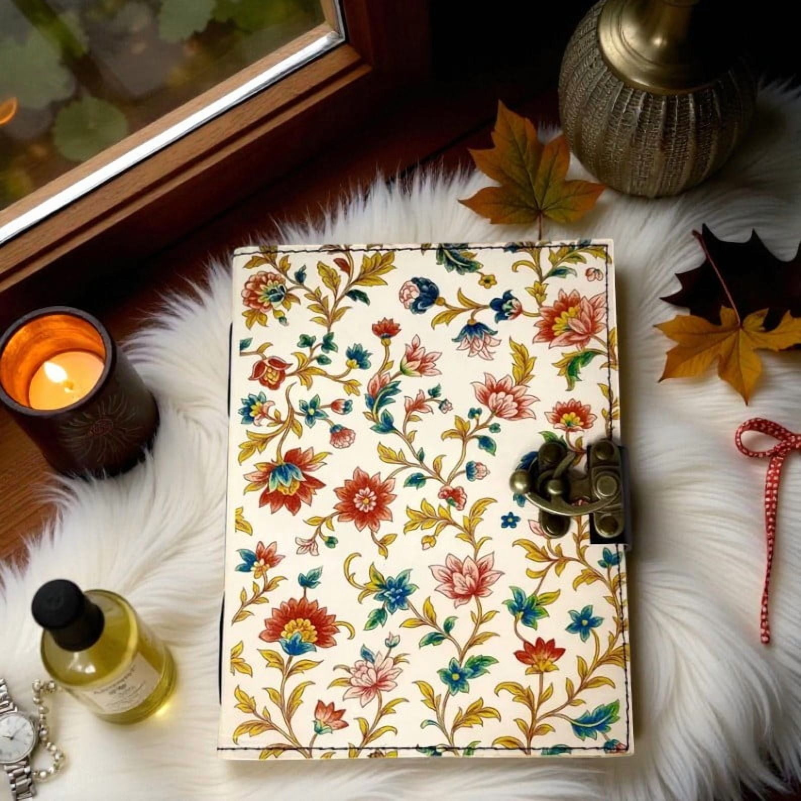 Handmade White Floral Leather Journal Notebook – 5x7 Inch Vintage Diary with 200 Deckle Edge Handmade Pages, Floral Art Cover, Antique Lock, Personalized Writing Sketchbook, Christmas Festival Gift f