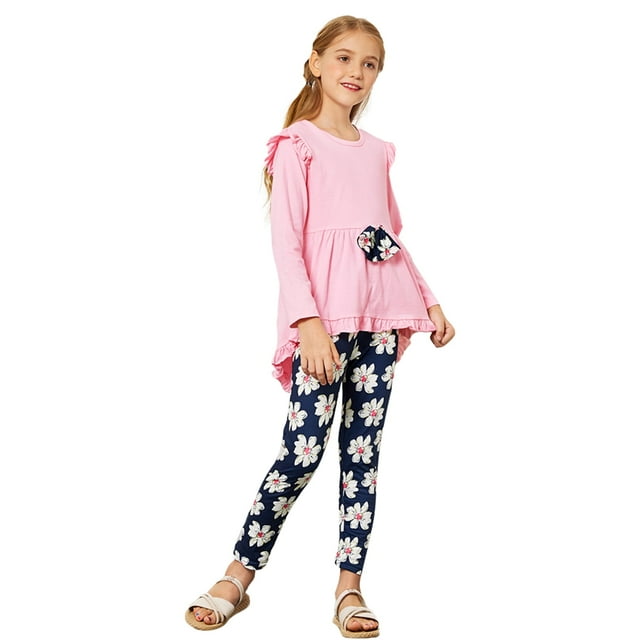 PatPat Kid Girl Long Sleeve T-Shirt and Flower Legging 2Pcs Outfit Set Size 4-12